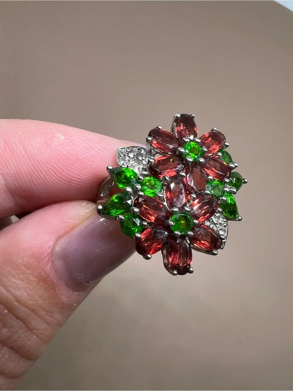 Floral Cluster Ring with Red and Green Gemstones in Sterling Silver